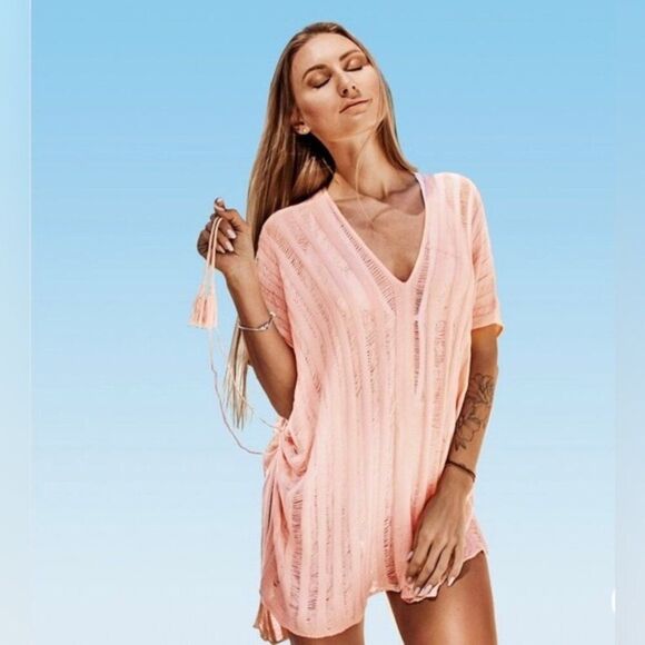 Cupshe Other - Cupshe NWOT Pink Knit Stripe V-Neck Crochet Pullover Swim Coverup One Size